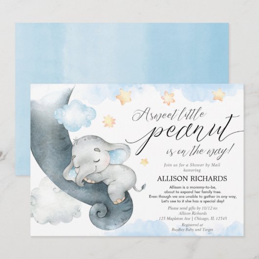 Douche per mail blauw geel olifant baby shower kaart (Voorkant / Achterkant)
