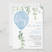 Douche per mail blauwe ballon eucalyptus baby show kaart (Voorkant)