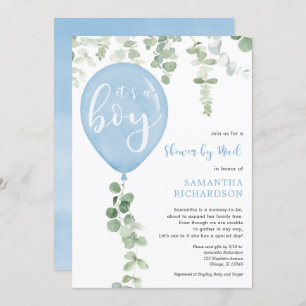 Douche per mail blauwe ballon eucalyptus baby show kaart