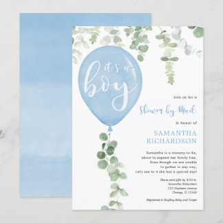 Douche per mail blauwe ballon eucalyptus baby show kaart