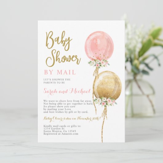 Douche per mail roze en gouden ballonnen meisje kaart (Staand voorkant)