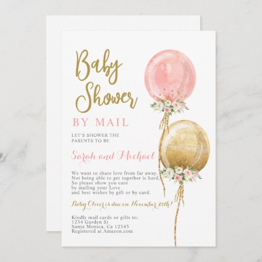 Douche per mail roze en gouden ballonnen meisje kaart (Voorkant / Achterkant)