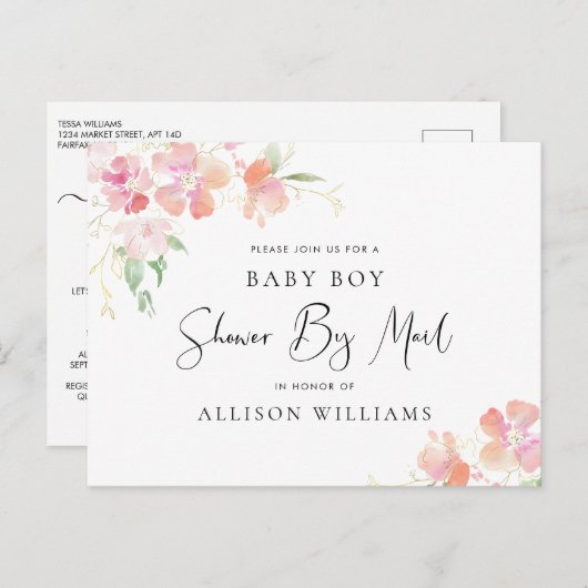 Douche per post Bloemen Roze Koraal Goud Baby Boy Uitnodiging Briefkaart (Voorkant / Achterkant)