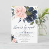 Douche per post bloemenroze marineblauw baby showe kaart (Staand voorkant)