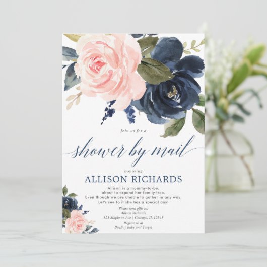 Douche per post bloemenroze marineblauw baby showe kaart (Staand voorkant)