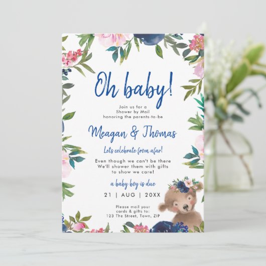 Douche per post van Afar beer Blue baby shower Kaart (Staand voorkant)