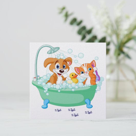 Douche/ Schattigee Kat- en Hondenuitnodiging Kaart (Staand voorkant)