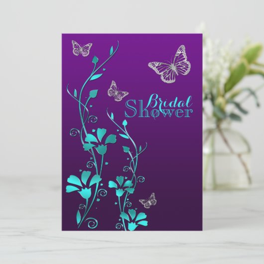 Douche uitnodigen | Paarse Blauwgroen, bloemige, v Kaart (Staand voorkant)