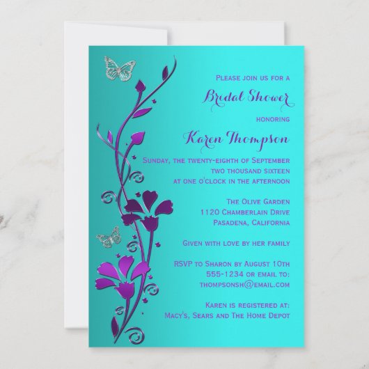 Douche uitnodigen | Paarse Blauwgroen, bloemige, v Kaart (Achterkant)