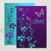 Douche uitnodigen | Paarse Blauwgroen, bloemige, v Kaart (Voorkant / Achterkant)