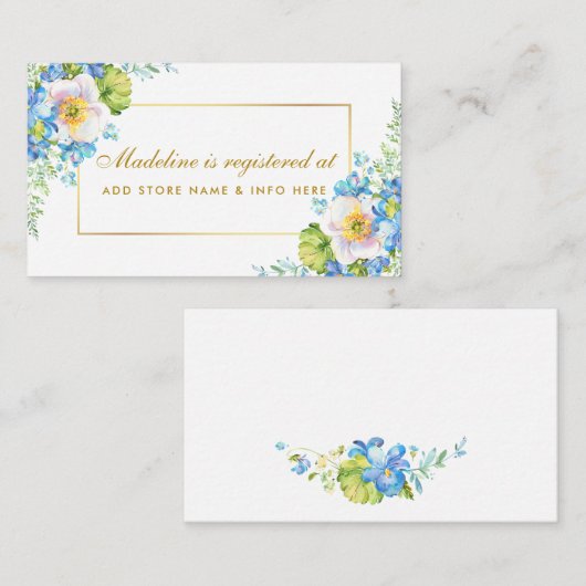 Douche Waterverf Blauw Bloemen Goud Registratie In Informatiekaartje (Voorkant / Achterkant)