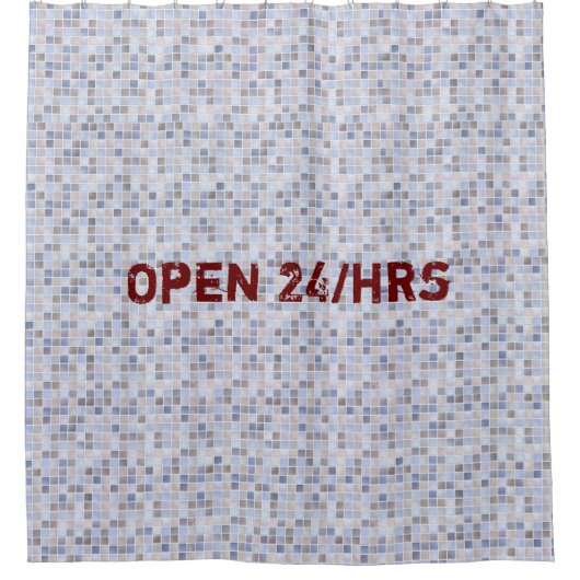 Douchegordijn Blauw Bruin Open 24 uur (Voorkant)