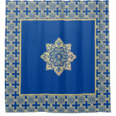 Douchegordijn blauw en goud medaillon (Voorkant)