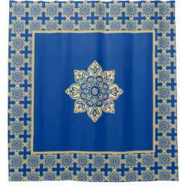 Douchegordijn blauw en goud medaillon