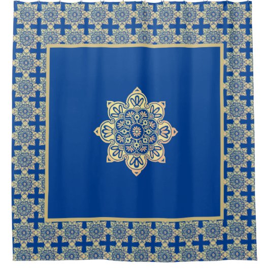 Douchegordijn blauw en goud medaillon (Voorkant)