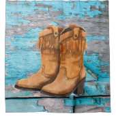 Douchegordijn Blauw Hout Schuur Deur Laarzen Land  (Voorkant)