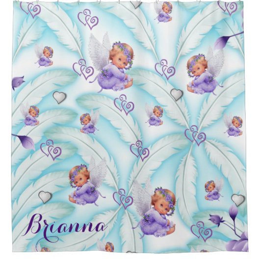 Douchegordijn Blauw Paarse Baby Angels Veren (Voorkant)