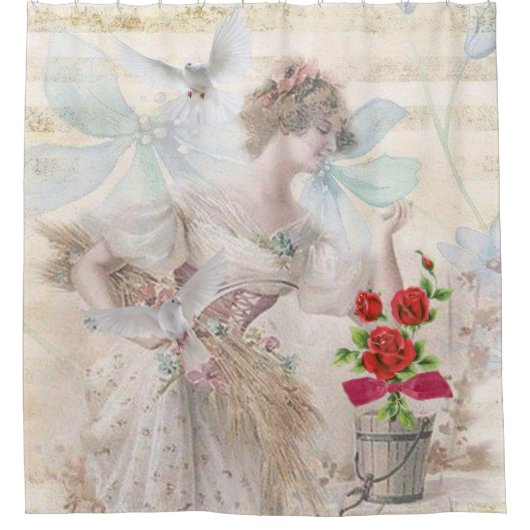 Douchegordijn Bloemen Victoriaans Witte Duiven (Voorkant)