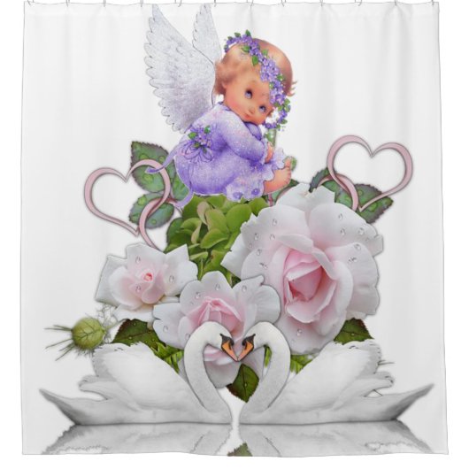 Douchegordijn Bloemenengel Witte zwanen (Voorkant)