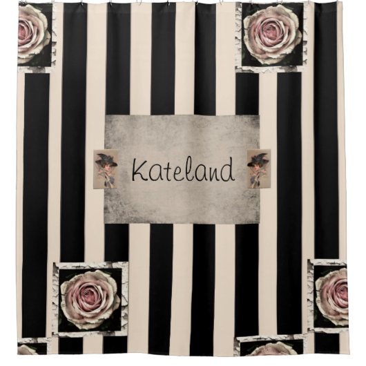 Douchegordijn Floral Zwart Beige Streep (Voorkant)