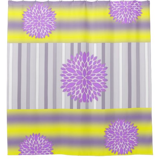 Douchegordijn Geel Paarse Bloemenstreep (Voorkant)