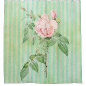 Douchegordijn Groen & Wit Streep Roze Roos (Voorkant)
