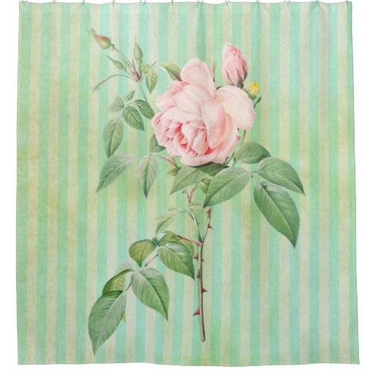 Douchegordijn Groen & Wit Streep Roze Roos (Voorkant)