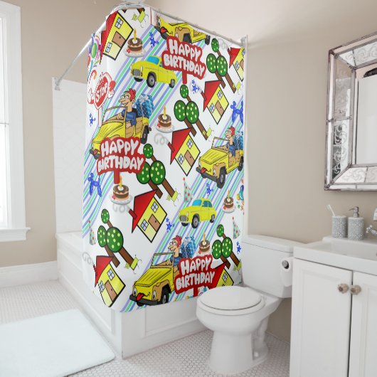 Douchegordijn Happy Birthday Jongens Auto's Honden (In situ)