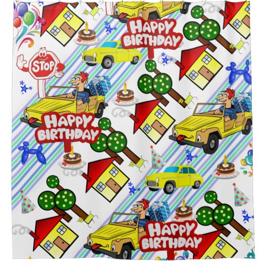 Douchegordijn Happy Birthday Jongens Auto's Honden (Voorkant)
