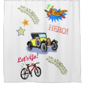Douchegordijn Hero Fiets Auto Vliegtuig (Voorkant)