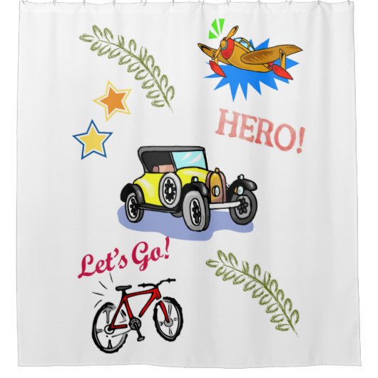 Douchegordijn Hero Fiets Auto Vliegtuig (Voorkant)