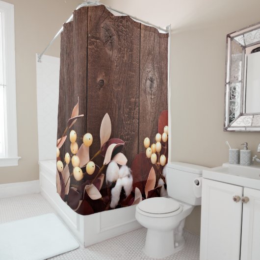 Douchegordijn katoenen tak op donkere houten steng (In situ)