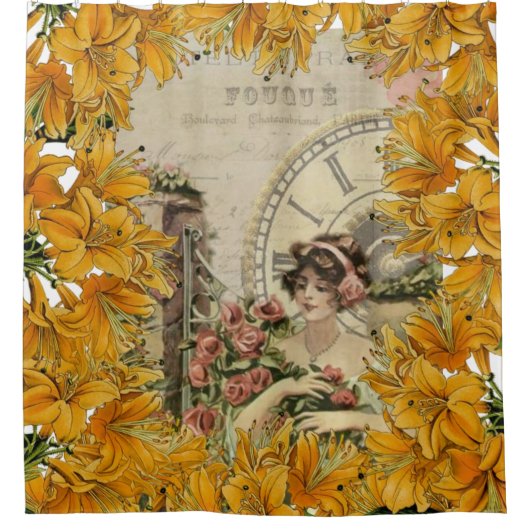 Douchegordijn Parijs Frankrijk Gouden Gele Bloemen (Voorkant)