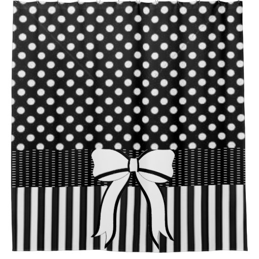 Douchegordijn Polkadot Zwart Wit Stripe Bow (Voorkant)