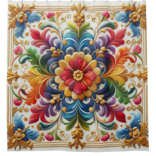 Douchegordijn Regenboog Bloemen Borduurwerk op zoe (Voorkant)