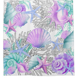 Douchegordijn roze Blauwgroen en witte schelpen