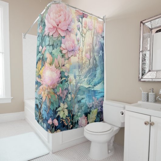 Douchegordijn, roze bloemen in een weide douchegordijn (In situ)