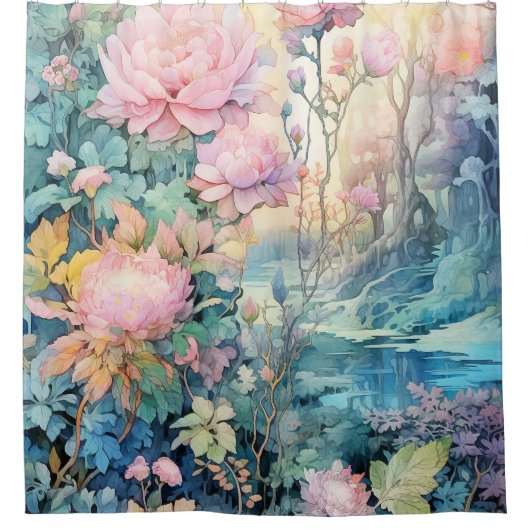 Douchegordijn, roze bloemen in een weide douchegordijn (Voorkant)