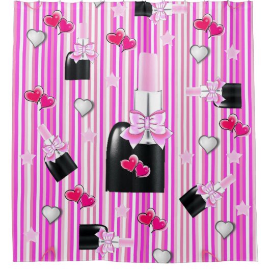 Douchegordijn Roze Lipstick Stripe Harten (Voorkant)