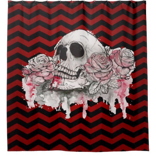 Douchegordijn schedel Roos Gotische Chevron rood z (Voorkant)