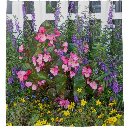 douchegordijn "WITTE PIKET HEK EN BLOEMEN" (Voorkant)