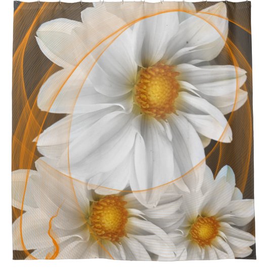 Douchegordijnbloemen Wit Zwart Sinaasappel Douchegordijn (Voorkant)