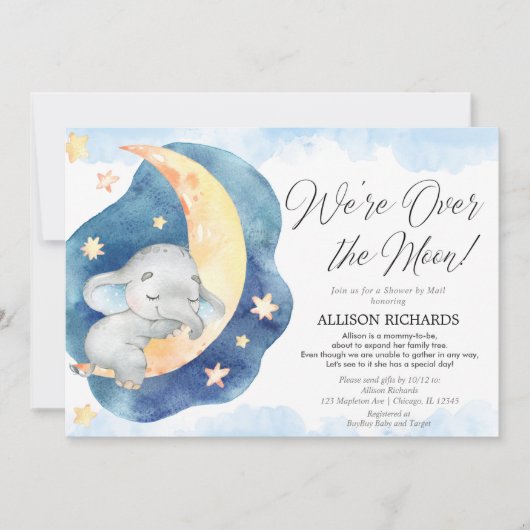 Douchen per Mail over de maan olifant baby shower Kaart (Voorkant)