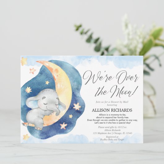 Douchen per Mail over de maan olifant baby shower Kaart (Staand voorkant)