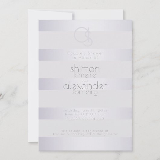 douchen | Violet Silver Shimmer Stripes Monogram Kaart (Voorkant)