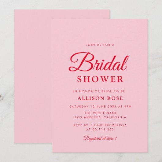 doucheuitnodiging voor roze en rode bruid kaart (Voorkant / Achterkant)