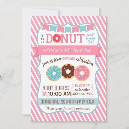 Doughnut Donut Birthday Party Invitation Pink Girl Kaart (Voorkant)
