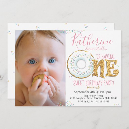 Doughnut One Sweet 1st Birthday Foto Kaart (Voorkant / Achterkant)