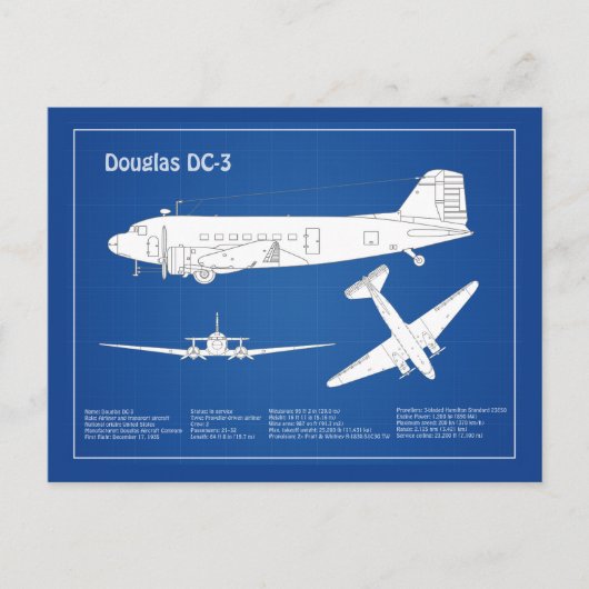 Douglas DC-3 - Vliegtuig Blauwdruk Tekenplan ABD Briefkaart (Voorkant)