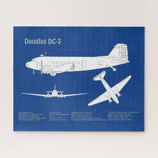 Douglas DC-3 - Vliegtuig Blauwdruk Tekenplan ABD Legpuzzel (Horizontaal)